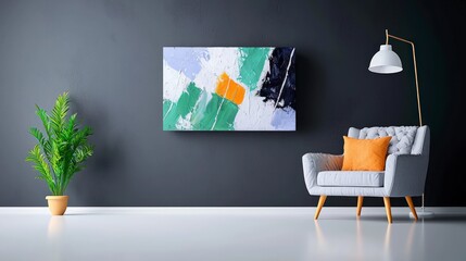 Modern Abstract Canvas Art  Green  Orange  Grey Room Decor