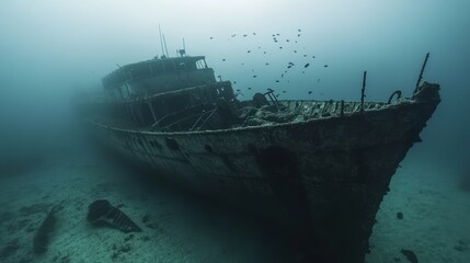 Fototapeta premium A US Liberty ship sunk in 1945 by a German U-boat, now lying at 22 meters depth off the coast of England. The wreck is a popular dive site, with its cargo of military vehicles still visible. 