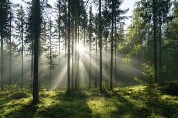 Golden sunlight shining through trees in misty forest