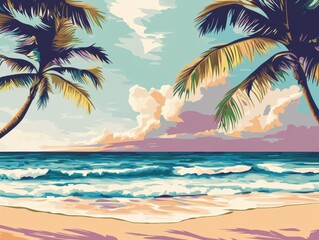 Fototapeta premium Papecutr art of tropical beach with waves and palm trees. - ai