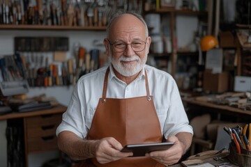 Senior craftsman using digital tablet in workshop