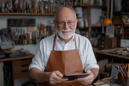Senior craftsman using digital tablet in workshop