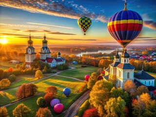 Fototapeta premium Soar above Pereslavl-Zalessky during September's hot air balloon festival; stunning photography awaits!