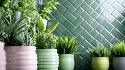 Obraz premium Lush Greenery in Ceramic Pots Against Green Tile Backdrop