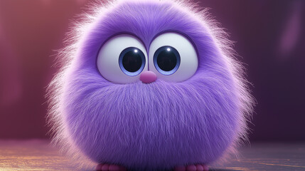 Fototapeta premium Adorable purple fluffy cgi character posing on a reflective surface