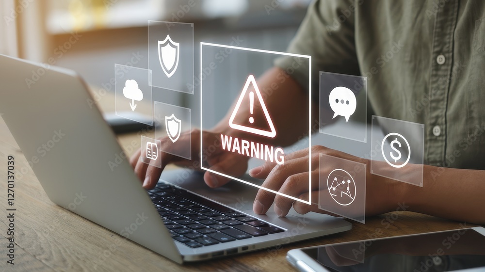 Poster person using laptop with warning notification and security icons