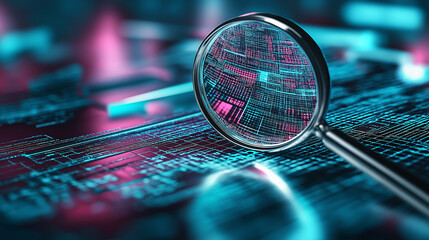 Magnifying glass exploring abstract digital data stream: cybersecurity and software development concept