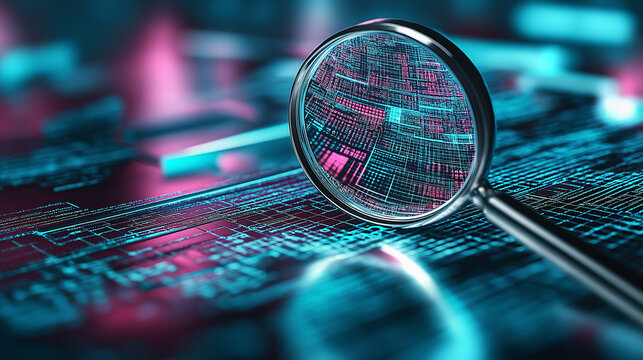 Magnifying glass exploring abstract digital data stream: cybersecurity and software development concept