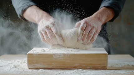 Kneading Dough with Floury Hands on Wooden Board in Kitchen