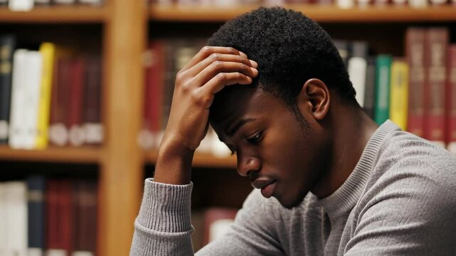 Student struggles with study material in university library during evening hours