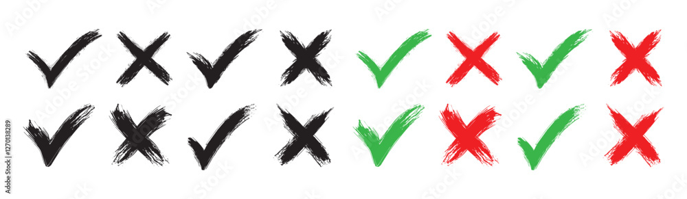 Poster set of hand drawn chalk check mark set. grunge checklist icons, sketch checkboxes, tick and cross sy