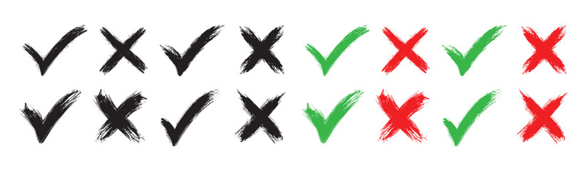 Set of hand drawn chalk check mark set. Grunge checklist icons, sketch checkboxes, tick and cross symbols. Crayon checkmark element. Cross brush signs - stock vector Collection. © UniquePackages