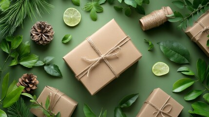 Fototapeta premium Eco Friendly Gifts Wrapped In Brown Paper With Greenery