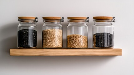 Assorted Grains and Seeds in Clear Glass Jars on Wooden Shelf Against Neutral Background