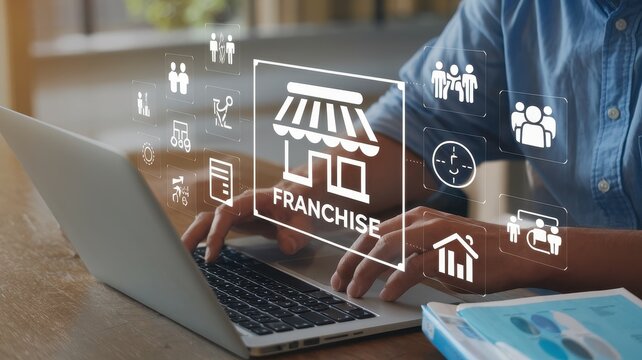 Man working on franchise opportunities using laptop computer