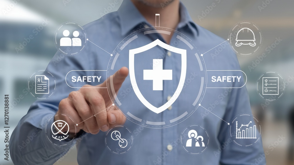 Poster man interacts with a digital safety interface using touch