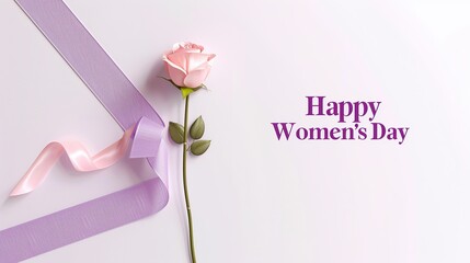 Elegant 8th March Women's Day banner with purple ribbon and pink rose on white background. "Happy Women's Day" text in 3D typography design. Perfect for holiday posters, cards, and flyers.
