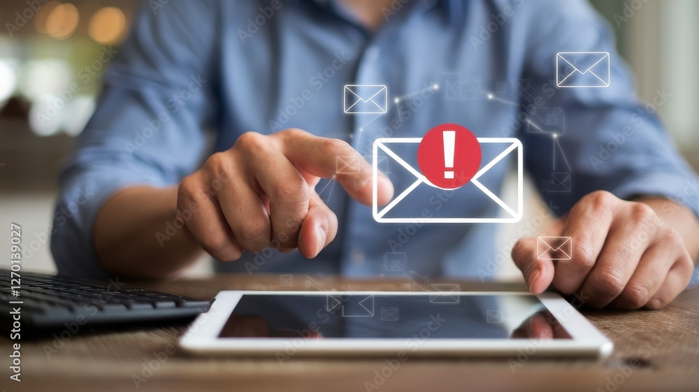 Poster person interacting with a tablet displaying email notification icons