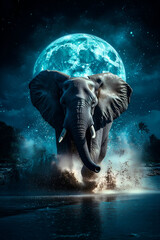 Elephant Moonlit Charge, An elephant charges through water under a glowing moon, creating a dramatic, surreal scene. Powerful and majestic.