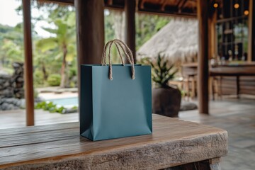 Teal shopping bag sitting on wooden table in tropical resort