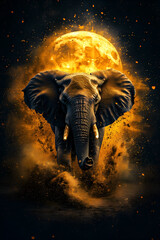 Elephant Moonlit Charge, An elephant charges through water under a glowing moon, creating a dramatic, surreal scene. Powerful and majestic.