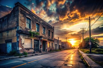 Solitary sunset paints the abandoned building and deserted street in hues of long exposure photography.