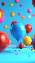 Obraz premium Blue balloon floats, colorful balloons falling, blue background, celebration