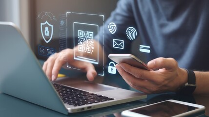 Person scanning qr code on laptop with mobile phone