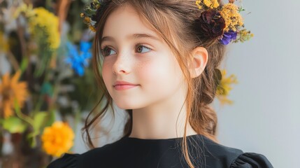 Naklejka premium Adorable Girl with Flower Crown Freckles and Auburn Hair