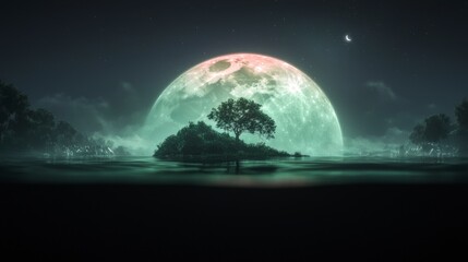 Fototapeta premium Surreal Night Scene Island Moon Tree Mystical Landscape Fantasy Art