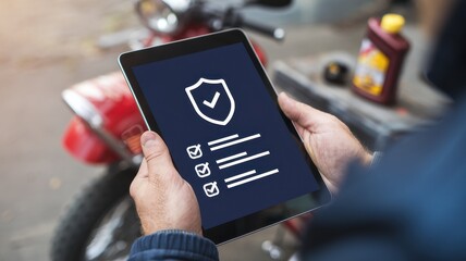 Man uses tablet with checklist near motorcycle repair supplies