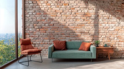 Modern Loft Apartment Interior Design  Cozy Sofa  Brick Wall  City View