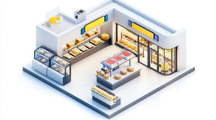 A modern, isometric bakery interior showcasing displays of bread, pastries, and a customer area.