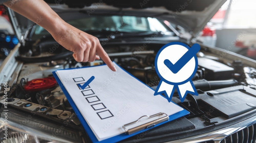 Poster mechanic inspecting car engine with checklist showing service quality assurance