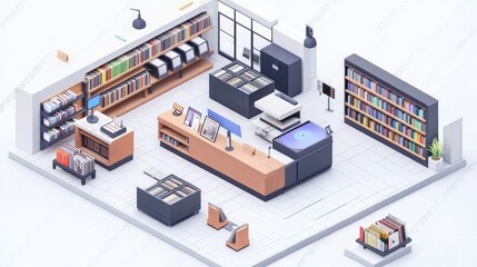 Obraz premium A modern, well-organized library interior featuring bookshelves, a circulation desk, and computers, designed in a clean, minimalist style.