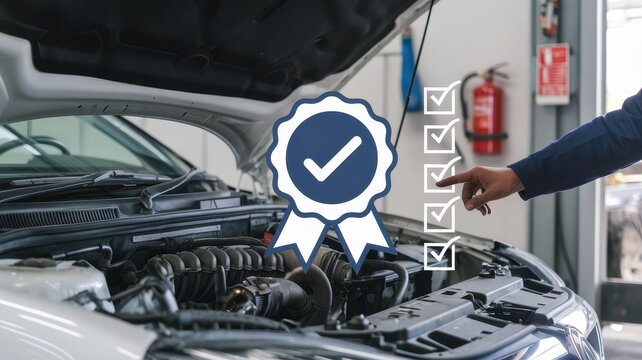 Car with open hood undergoes thorough maintenance checklist inspection