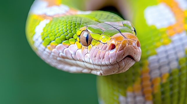 Green tree python close-up, rainforest background, nature wildlife photography
