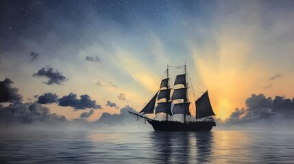 Obraz premium Majestic Sailing Ship at Sunset Ocean Seascape Oil Painting Artwork
