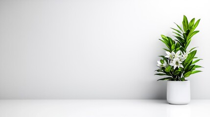 White flowers, green plant, minimalist room, clean background, interior design