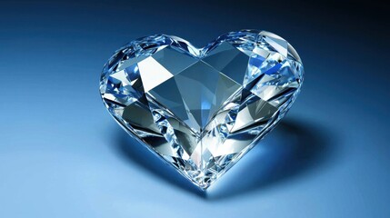 Fototapeta premium A sparkling heart-shaped diamond glistens against a smooth blue background, symbolizing love and elegance.