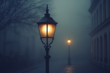 Vintage street lamp glowing in the fog with a soft light