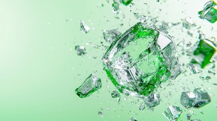 Shattering Green Crystal  Abstract 3D Render of Exploding Glass Fragments