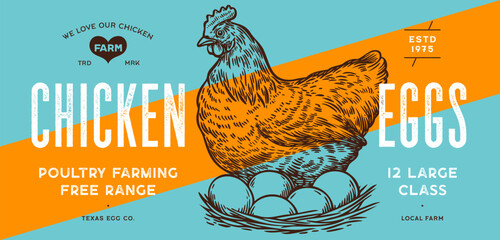 Chicken, hen with nest, eggs. Sketch artwork silhouette chicken with nest, eggs. Label, tag, chicken nest, eggs sketch ink pencil style drawing, engrave old school style. Vector Illustration © foxysgraphic