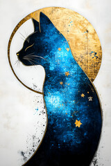 Celestial Cat Gold Aura,  A stylized cat silhouette with a galaxy-filled body and gold halo. Ethereal and mystical art.
