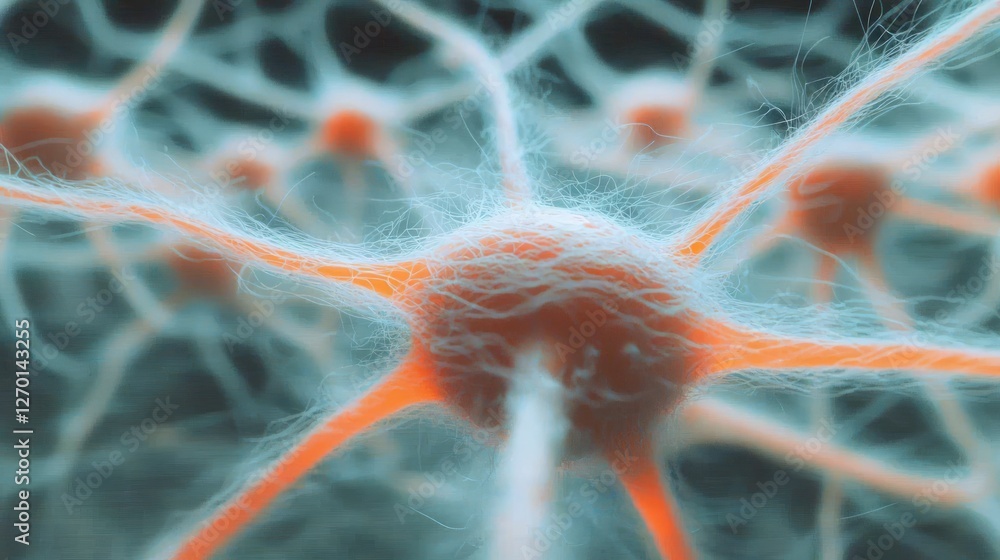 Poster microscopic neural network intricate brain cell connections neuron fibers synapses neu