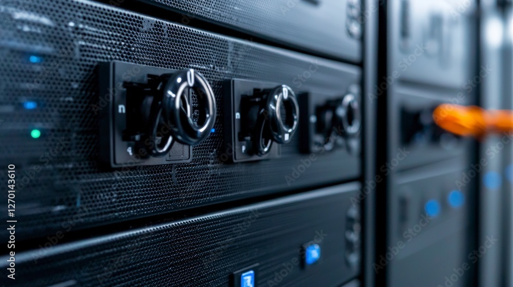 Poster data center server racks network hardware technology infrastructure close up