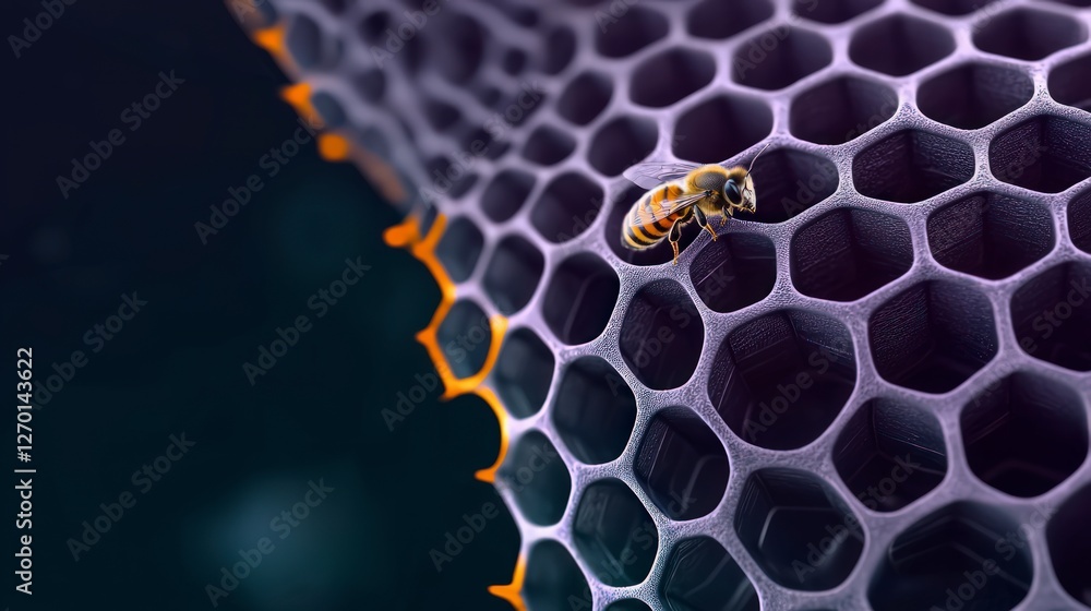 Poster honeybee on hexagonal structure 3d render abstract nature science technology
