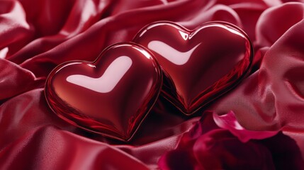 Two hearts on red satin with rose petals