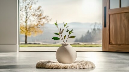 Serene Minimalist Interior   Plant  Vase  Sheepskin Rug  Modern Room  Cozy  Tranquil  Home