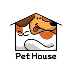CUTE CAT AND A DOG INSIDE A HOUSE CARTOON LOGO
